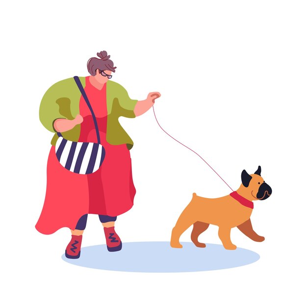 Vector grasa mujer de moda con bulldog francés mascota carácter amigable chica caminando con un perro estilo de vida