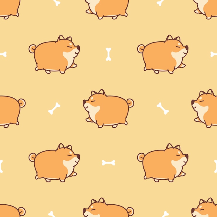 Vector grasa shiba inu perro caminando de dibujos animados de patrones sin fisuras