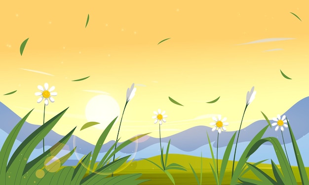grass field with view of blooming flowers sunshine mountains and clear sky