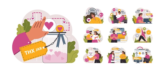 Vector gratitud conjunto de personajes agradecidos y agradecidos caridad y trabajo voluntario compartiendo amor y cuidado