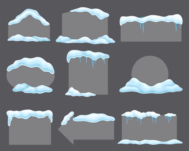 Gray blank frozen banners with snow and icicles set cold season holiday frames with space fot text cartoon vector illustration