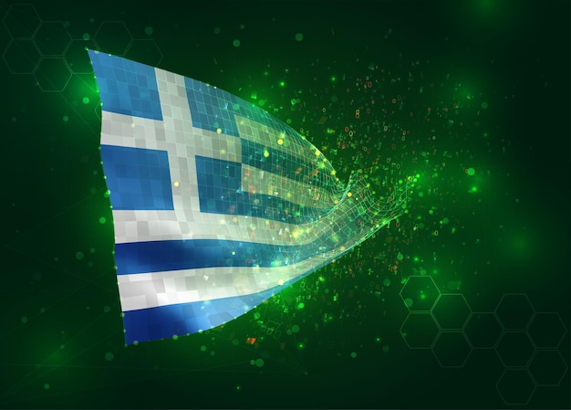 Grecia en vector 3d bandera sobre fondo verde con polígonos y números de datos