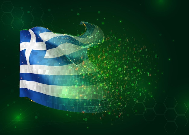 Grecia en vector 3d bandera sobre fondo verde con polígonos y números de datos