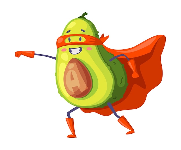 Green Avocado Superhero Character en capa roja con brazo extendido corriendo al rescate como ilustración vectorial de Justice Fighter