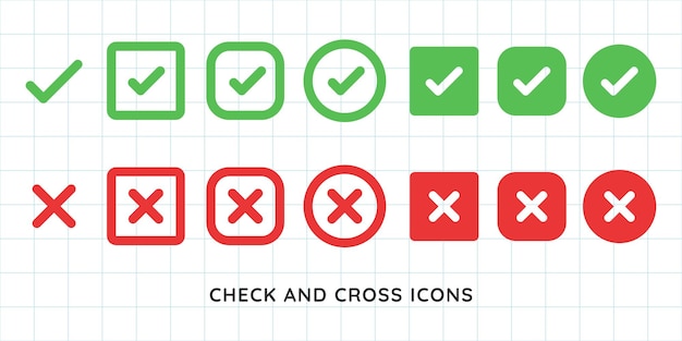 Green check and red cross icons on grid Check and cross symbols in circles and squares Green check red cross for approval and rejection Check and cross icons Vector element set
