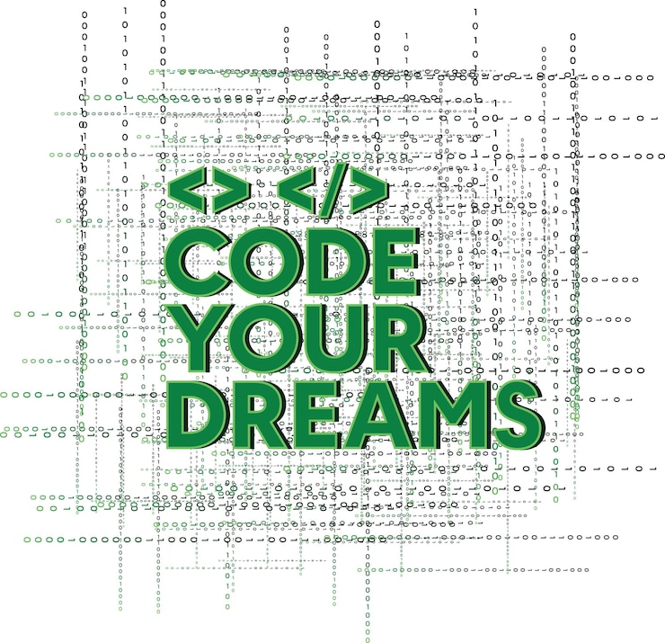 Vector green code your dreams text with angle brackets on a background of binary code and dotted lines