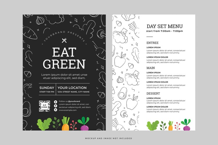 Vector green eats vegan delight plantilla de volante de menú de comida vegetariana simple en vector