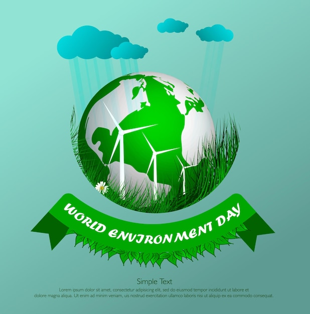 Green eco vector composición globo sobre hierba sobre fondo azul día mundial del medio ambiente ilustración