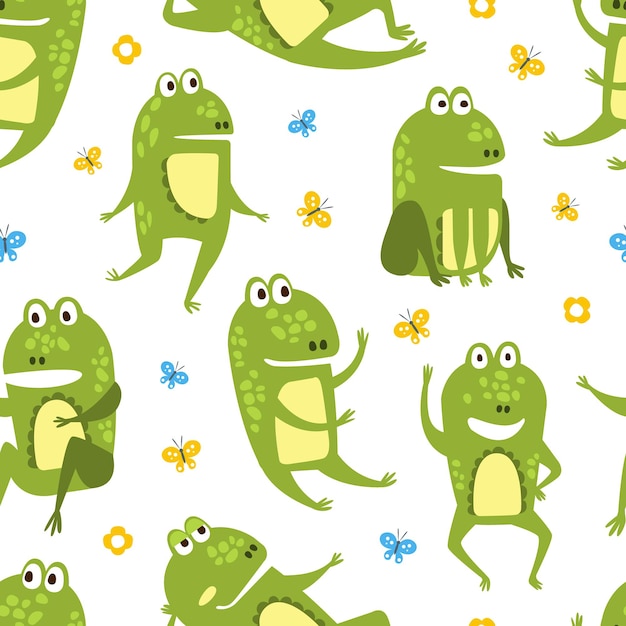 Vector green funny frog patrón sin costuras criatura anfibia linda personaje papel de pared textil envasado fondo diseño ilustración vectorial