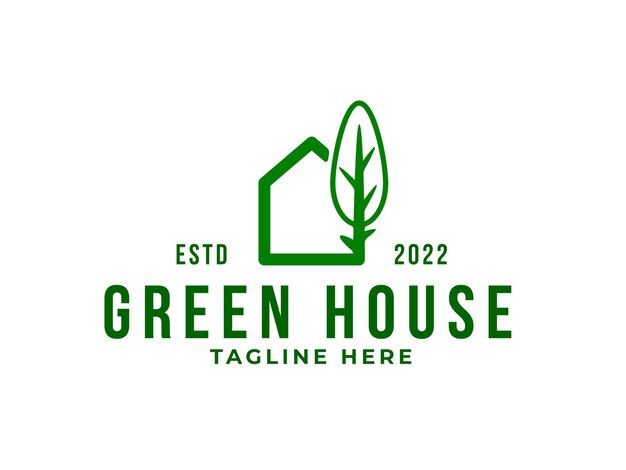 Green House Logo casa Monoline verde con vector premium de árbol