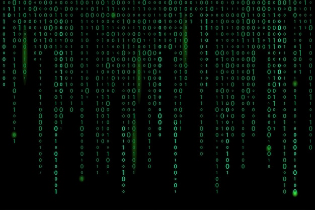 Green matrix background stream of binary code falling numbers on dark backdrop digital computer code coding