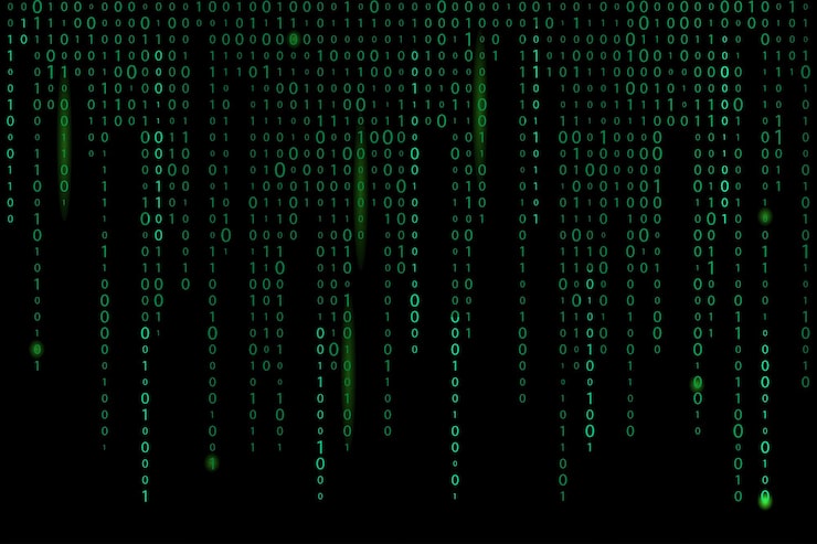 Vector green matrix background stream of binary code falling numbers on dark backdrop digital computer code coding