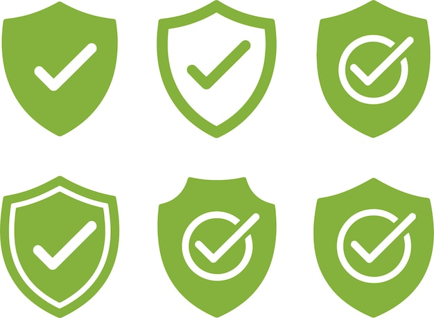 Green Shield and Check Mark Security Guarantee Icon Set