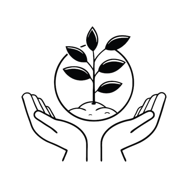 Greening ecología concepto del día de la tierra manos humanas palmas sosteniendo y pasando planta joven o árbol pequeño dibujado de línea de arte vector plano ilustración en fondo blanco