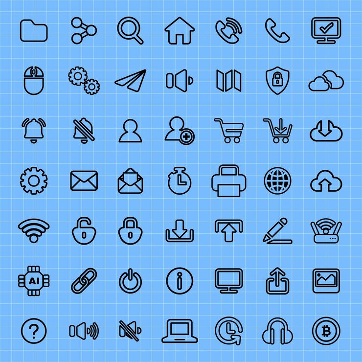 Vector grid of 49 technology icons on blue background icons include phone cloud lock and computer simple modern design for tech communication and security themes user interface icon vector set