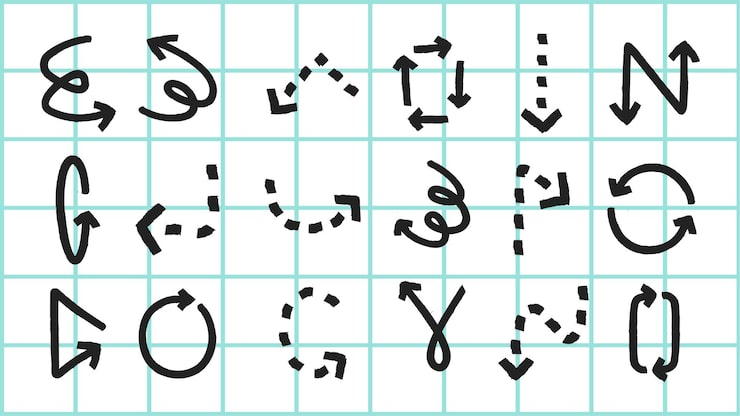 Vector grid with various arrow designs arrows in different styles directions and patterns arrows pointing rotating and curving on a grid background element vector set