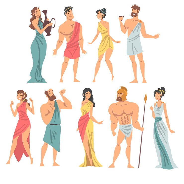 Vector griegos o helenos gente caracter en chiton étnico ropa conjunto de ilustraciones vectoriales
