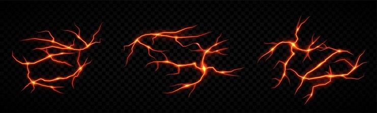 Vector grietas en el suelo con lava fundida aislada en un fondo negro textura de brillo de magma volcánico en agujeros agrietados fisuras volcánicas con elementos vectoriales abstractos de magma caliente