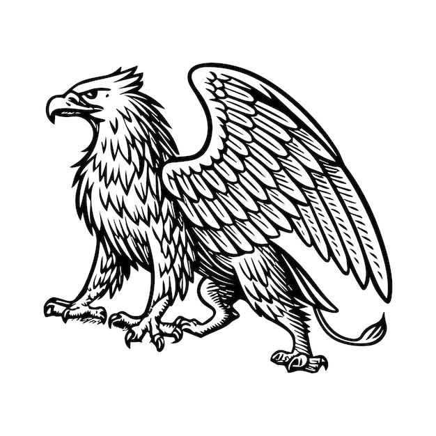 Griffin en grabado vintage con detalles de plumas y postura orgullosa estilo mítico histórico encaja