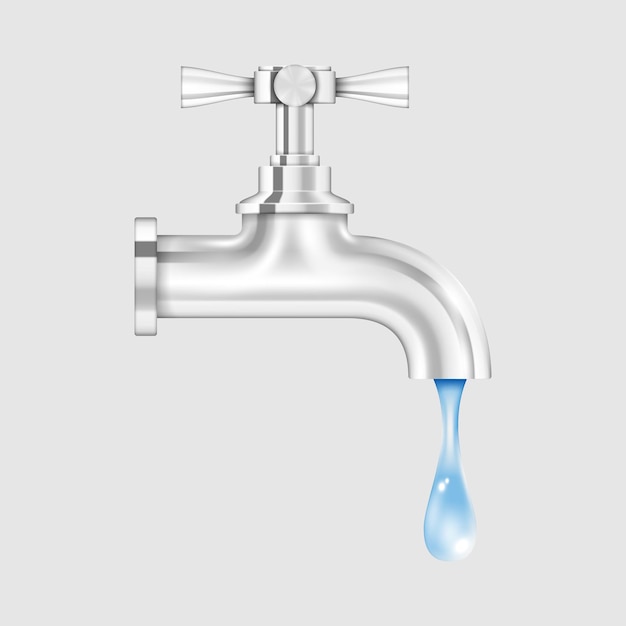 Grifo de agua plateado realista con gota Grifo de acero cromado con agua goteando aislado en gris