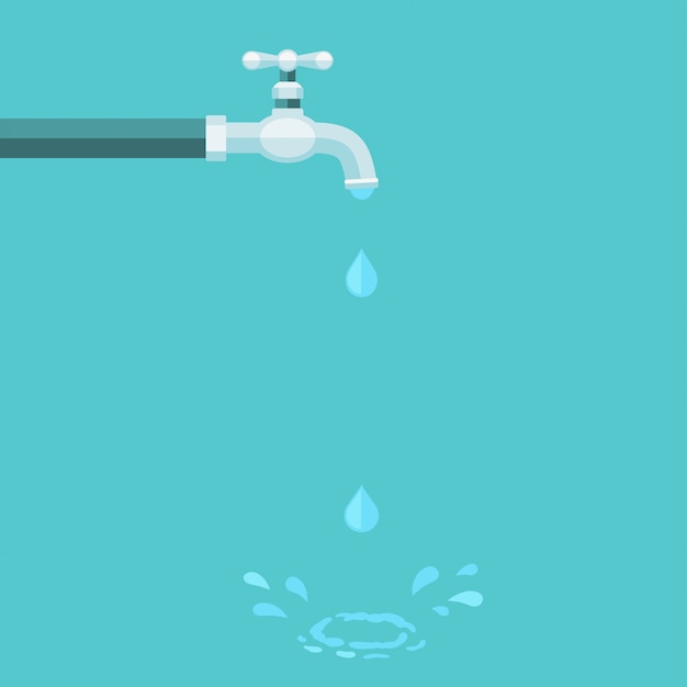Grifo de agua que gotea con gota de agua y salpicaduras en estilo plano