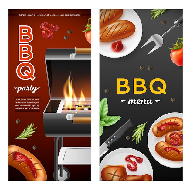 Grill de barbacoa realista pancartas verticales salchichas fritas y carne salsa de tomate barbacoa carteles de fiestas de menú cubierta carbón ardiente llama abierta elementos aislados 3d conjunto conceptual de vectores utter
