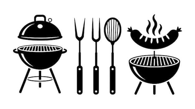 Grill de carbón y accesorios de parrilla Una representación ilustrativa de una parrilla de carbón y varios