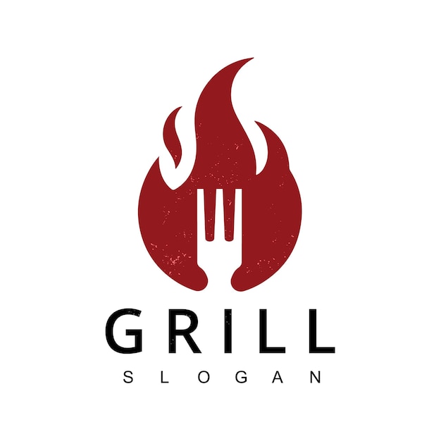 Grill logo etiqueta insignia y otros diseños ilustración vectorial retro de llama de fuego