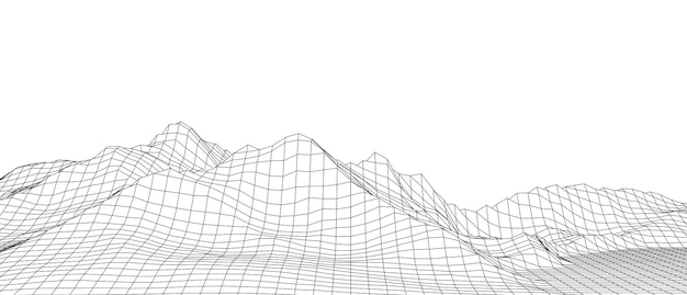 Grilla de perspectiva tecnológica con fondo de paisaje de montaña Paisaje de marco de alambre de espacio vectorial