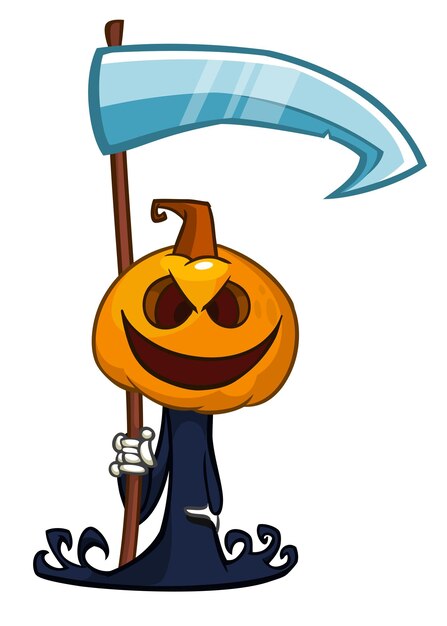 Vector grim reaper cabeza de calabaza personaje de dibujos animados con guadaña halloween jack o linterna diseño de ilustración para invitación de fiesta o cartel vector espantapájaros