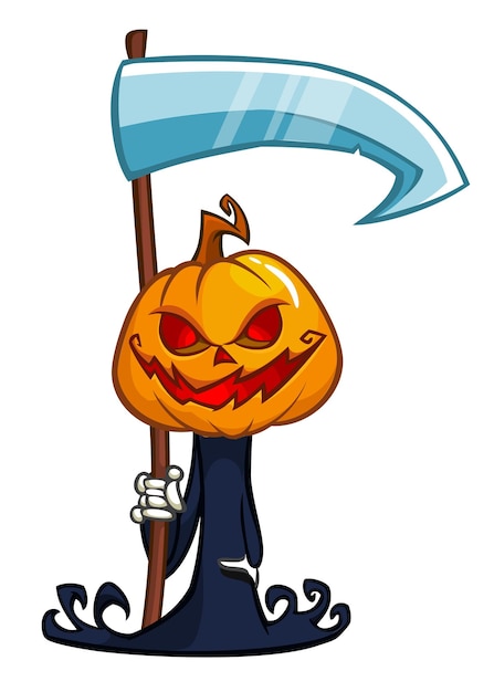 Vector grim reaper cabeza de calabaza personaje de dibujos animados con guadaña halloween jack o linterna diseño de ilustración para invitación de fiesta o cartel vector espantapájaros