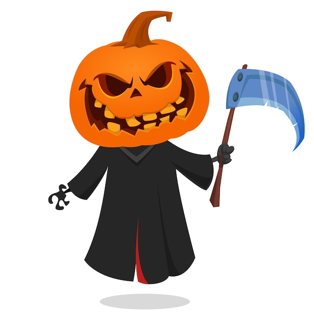 Grim reaper cabeza de calabaza personaje de dibujos animados con guadaña Halloween jack o linterna diseño de ilustración para invitación de fiesta o cartel Vector espantapájaros