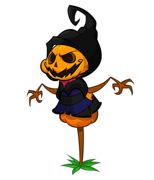 Grim reaper cabeza de calabaza personaje de dibujos animados con guadaña Halloween jack o linterna diseño de ilustración para invitación de fiesta o cartel Vector espantapájaros