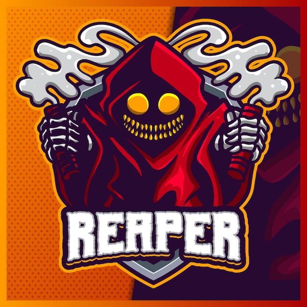 Grim reaper hood mascota esport logo diseño ilustraciones vector plantilla, diablo con logo flare para equipo streamer youtuber banner twitch discord