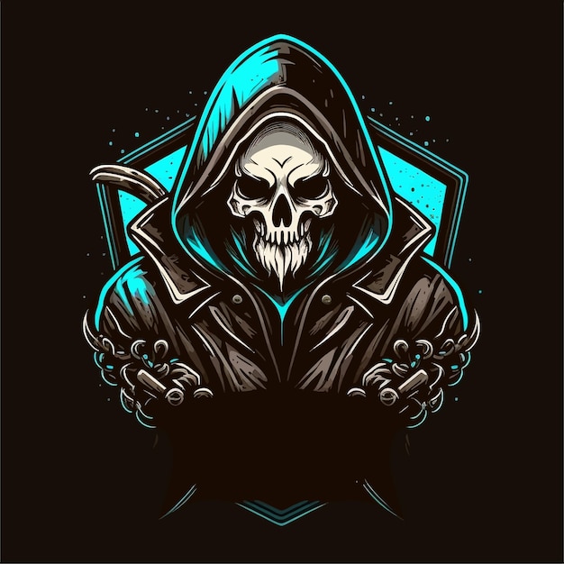 Grim Reaper con ilustración de capucha, mascota de esports, plantilla de logotipo de juego