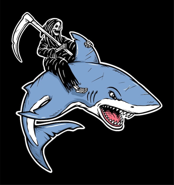 Vector grim reaper monta una ilustración de tiburón