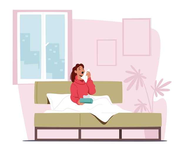 Gripe e infección viral Concepto de enfermedad Mujer enferma estornudando con toallitas sentadas en la cama en casa Personaje femenino Tos con resfriado o síntomas de enfermedad por coronavirus Dibujos animados Vector Ilustración