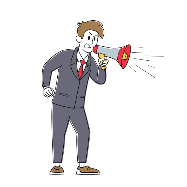 Grito de carácter de empresario enojado al megáfono. Hombre molesto gritando al altavoz. Jefe apresura a los empleados en fecha límite, propaganda, promoción