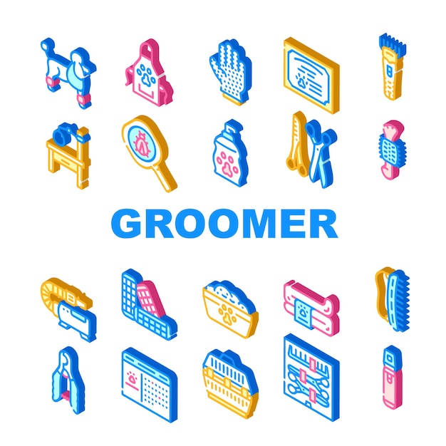 Groomer pet service collection iconos conjunto vector jaula para transporte animal y mesa para examen groomer guante y cortapelos signo isométrico ilustraciones de color