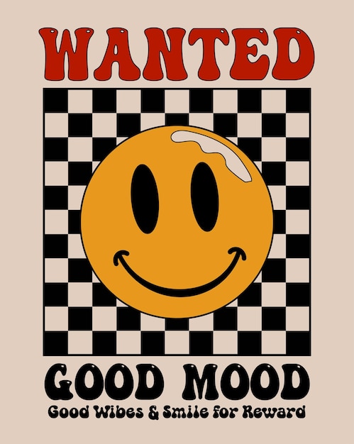 Groove divertido cartel de búsqueda con cara amarilla sonriente como buen humor para la impresión de la camiseta en el cartel