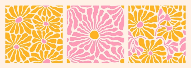 Groovy abstracto arte floral patrones sin fisuras en el moderno estilo hippie retro ingenuo de los años 60 y 70