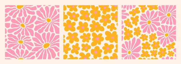 Groovy abstracto arte floral patrones sin fisuras en el moderno estilo hippie retro ingenuo de los años 60 y 70