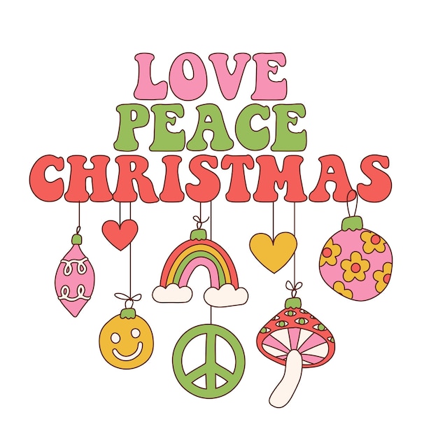 Vector groovy ambiente navideño poster o tarjeta de felicitación caonept texto con bolas de árbol de navidad colgantes en moda re