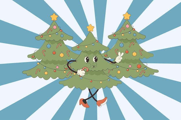 Groovy árbol de Navidad personaje hippie ritmo Año Nuevo ilustración vectorial