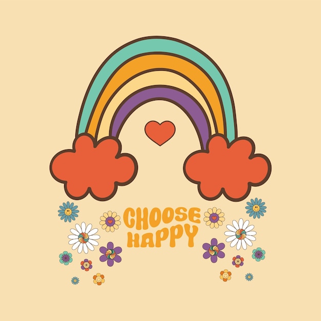 Groovy arco iris retro con flores y nubes clipart floral hippie