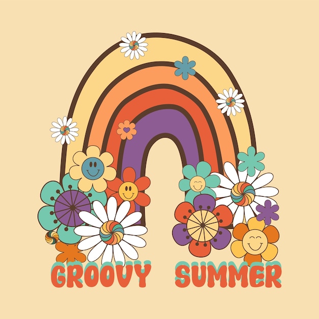 Vector groovy arco iris retro con flores y nubes hippie clipart floral ilustración vectorial aislada