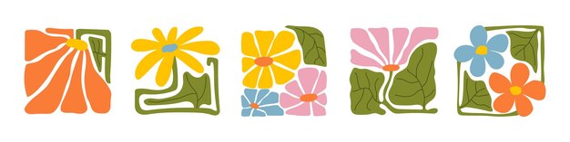 Groovy arte floral abstracto conjunto de formas de garabateo orgánico en el estilo hippies retro ingenuos de los años 60 y 70
