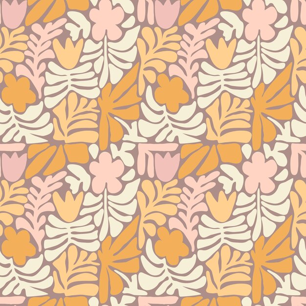 Groovy azulejos florales sin costura en Matisse vibraciones de moda ingenuo floral vectorial de fondo en la década de 1970