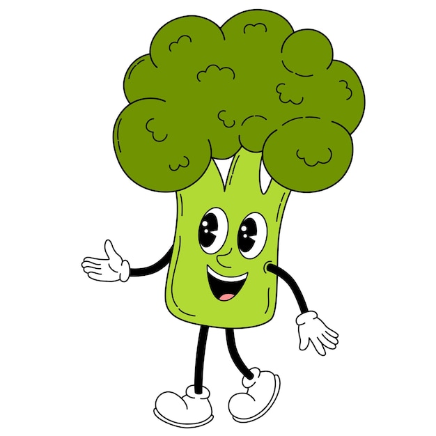 Vector groovy brócoli verdura dibujo a mano gracioso retro estilo vintage de moda verdura personaje de dibujos animados