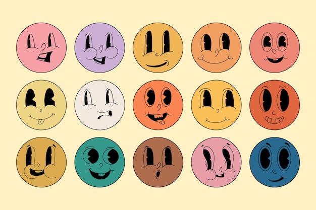 Groovy caricaturas caricaturas retro emoji conjunto colección de caricaturas personajes caricaturas en diferentes